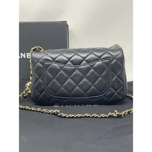 CHANEL 22S Black Mini Rectangle Pearl Crush Braid Gold Ball Flap Bag Unused - Picture 8 of 16